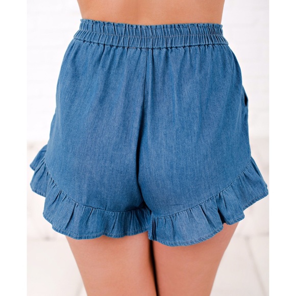 New Denim Ruffle Tie Front Shorts - Picture 2 of 3